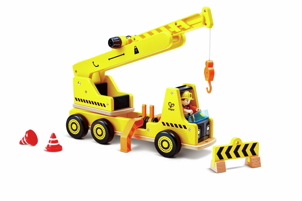 Jeu De Construction Portuaire En Bois - Grue Mobile Avec Treuil Magnétique, Camion, Bateau Et Conteneurs